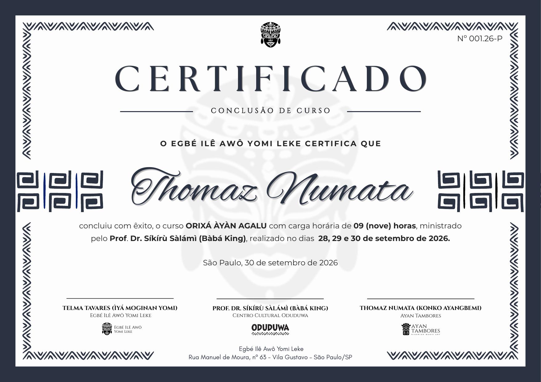 Modelo do certificado de conclusão do Curso Àyàn Agalu, emitido pelo Egbé Ilê Awô Yomi Leke